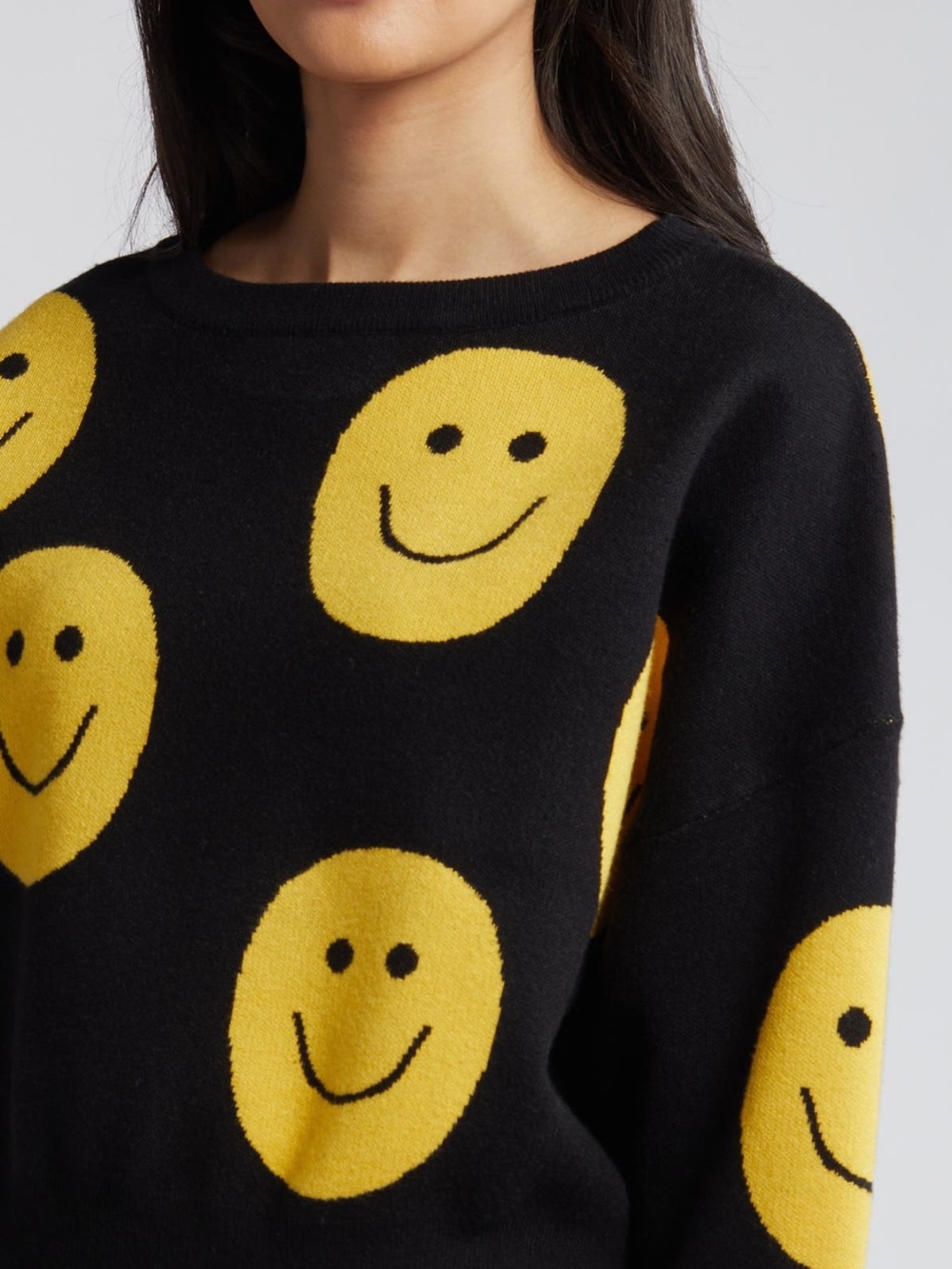 Dressed in LALA Black Crewneck Sweater with Yellow Smiley Faces SWEATER ONLY